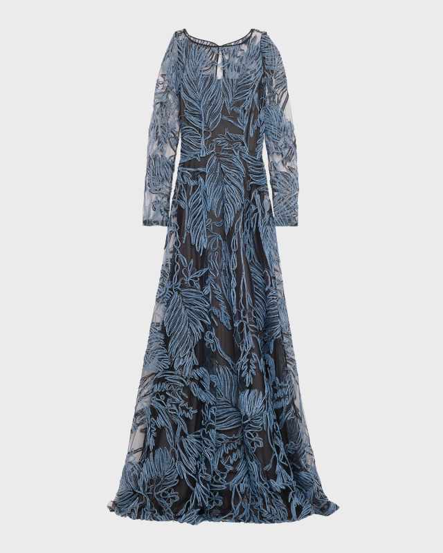 Raffia Embroidered Gown With Sheer Overlay